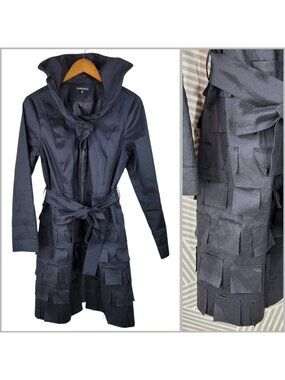 Samuel Dong Black Belted Coat Medium Jacket Formal Event Art Patchwork Black